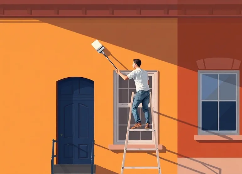 Peintre sur échafaudage traitant la façade d'une maison