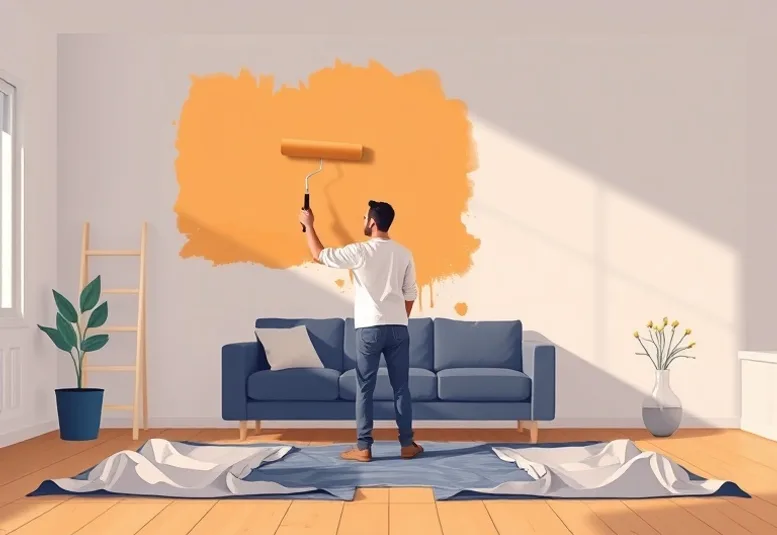 Peintre appliquant la peinture au rouleau sur un mur de salon